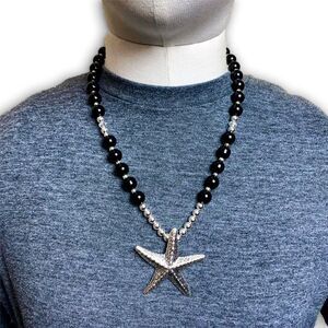 Chunky Starfish Pendant Necklace with Black, Silver & Clear Beads 20"